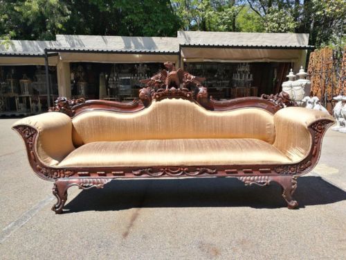 Antique American Empire Carved Mahogany Upholstered Settee with Figural Eagle