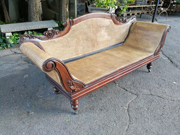 An Antique Victorian Carved Mahogany and Rattan Settee On Castors with Hessian Cushions and Bolsters - Image 9