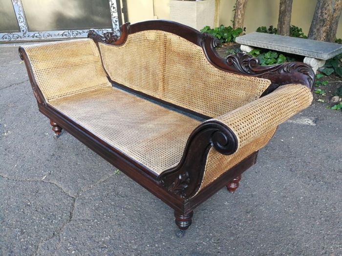An Antique Victorian Carved Mahogany and Rattan Settee On Castors with Hessian Cushions and Bolsters - Image 10