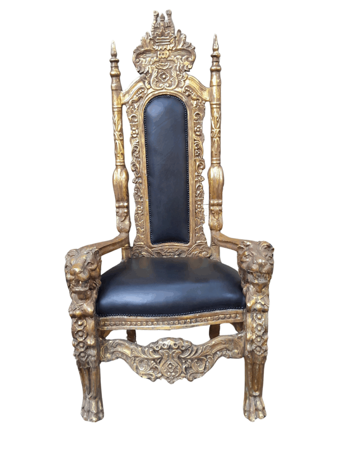 A 20th Century French Style Carved and Gilded King / Throne Armchairs Upholstered in Leather