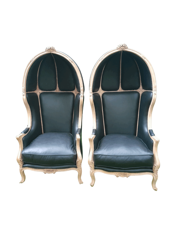 A Pair of Carved Wooden Canopy / Dome Chairs in a Contemporary Bleached Wooden Finish and Upholstered in Leather