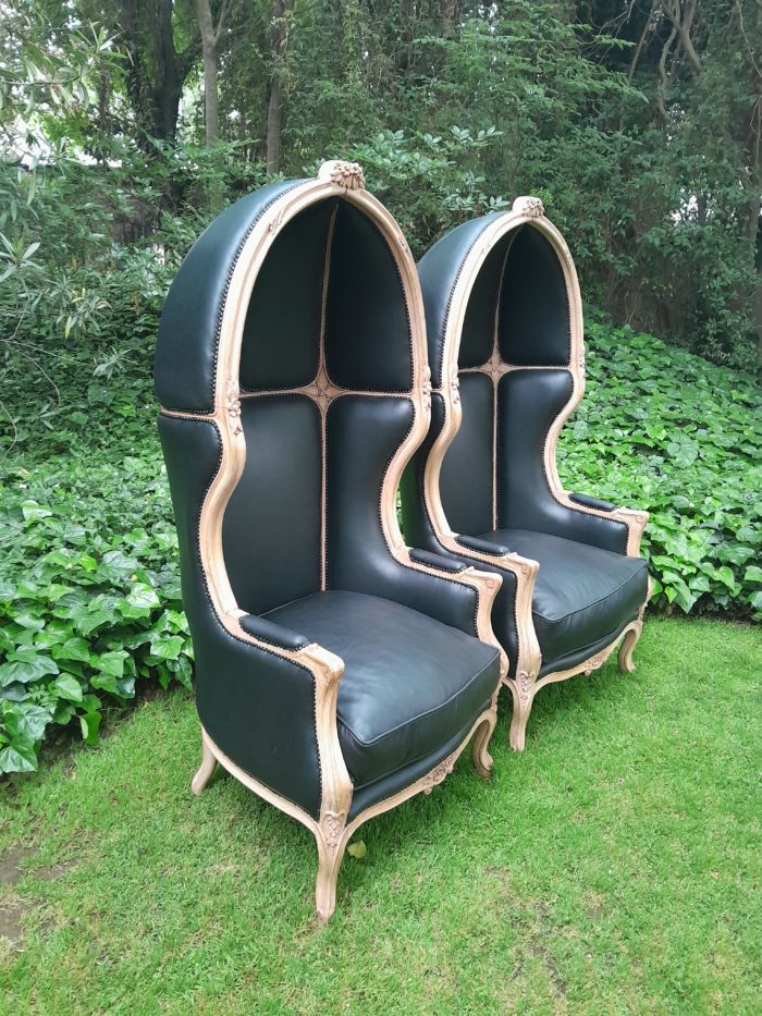 A Pair of Carved Wooden Canopy / Dome Chairs in a Contemporary Bleached Wooden Finish and Upholstered in Leather - Image 3