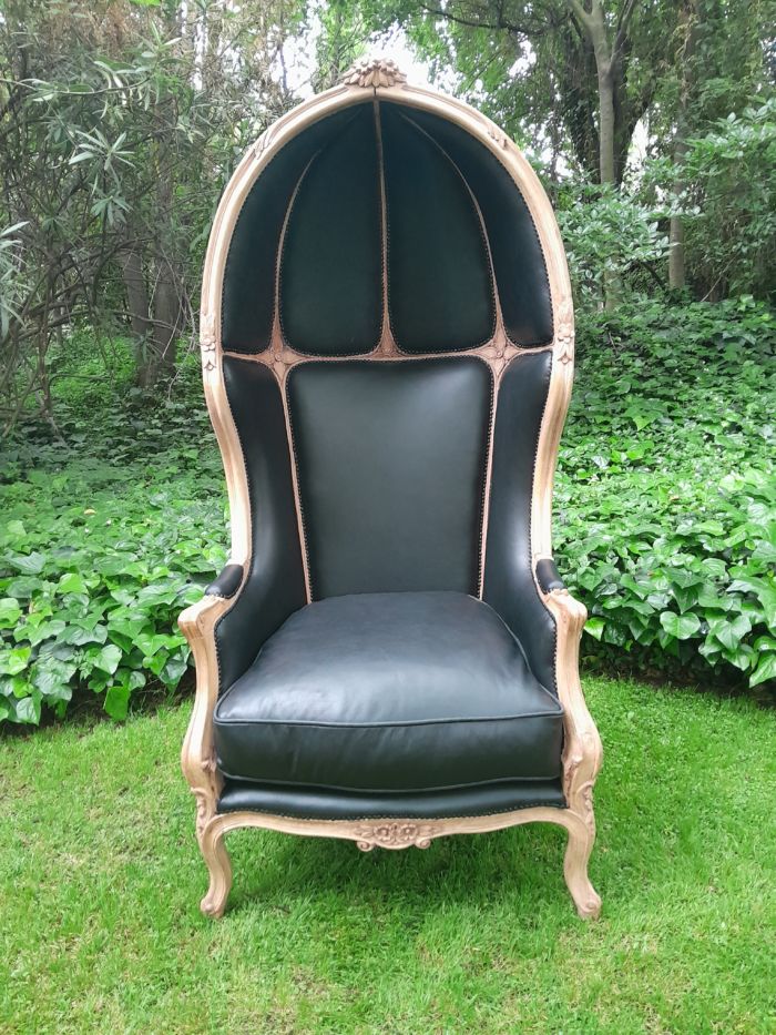 A Pair of Carved Wooden Canopy / Dome Chairs in a Contemporary Bleached Wooden Finish and Upholstered in Leather - Image 5