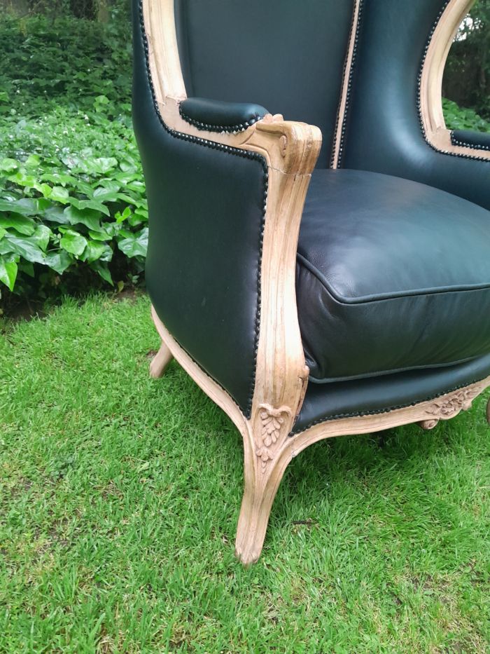 A Pair of Carved Wooden Canopy / Dome Chairs in a Contemporary Bleached Wooden Finish and Upholstered in Leather - Image 6