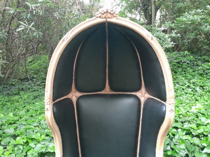 A Pair of Carved Wooden Canopy / Dome Chairs in a Contemporary Bleached Wooden Finish and Upholstered in Leather - Image 7