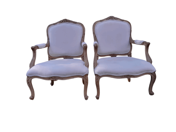 A Pair of 19th Century Circa 1900 French Beechwood Armchairs in a Contemporary Bleached Finish and Upholstered in a French Linen