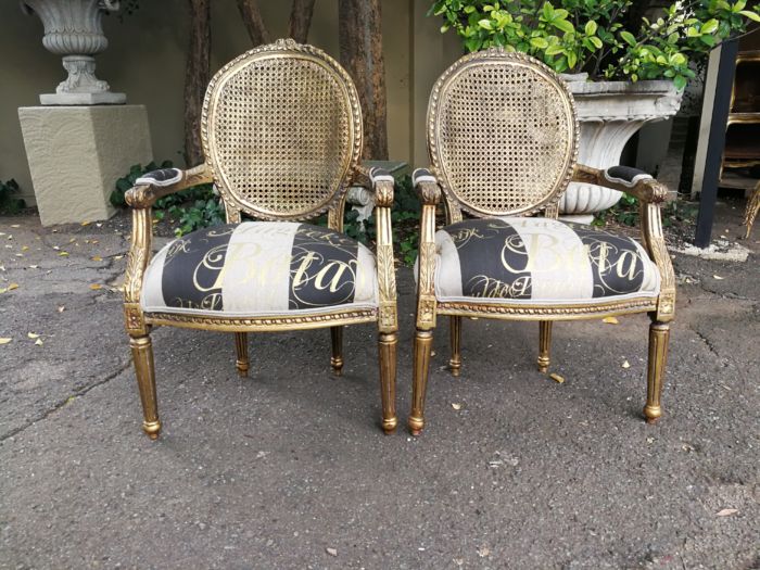 A Pair of Antique French Circa 1900 Hand Gilded with Gold Leaf Rattan Armchairs - Image 2