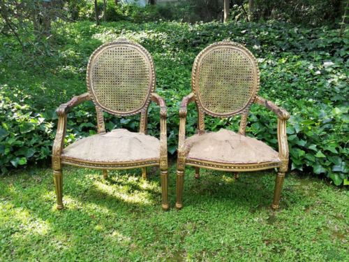 A Pair of Antique French Circa 1900 Hand Gilded with 22Karat Gold Leaf Rattan Armchairs