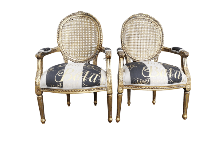 A Pair of Antique French Circa 1900 Hand Gilded with Gold Leaf Rattan Armchairs