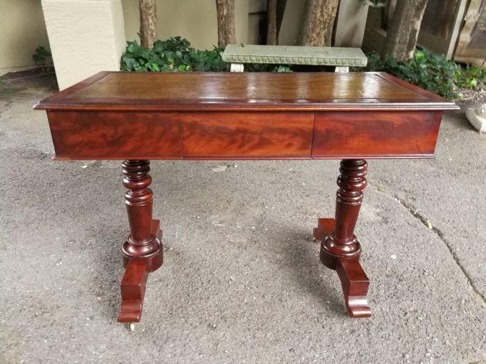 A 19th Century Flamed Mahogany Sofa / Writing Table with Leather and Hand Tooled Top On Cators - Image 3
