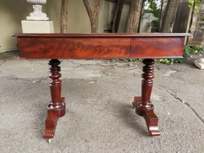 A 19th Century Flamed Mahogany Sofa / Writing Table with Leather and Hand Tooled Top On Cators - Image 4