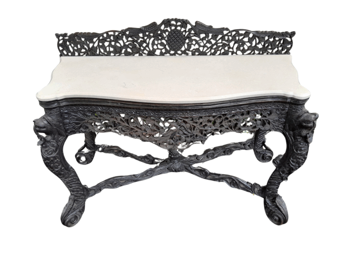 A 19th Century Anglo-Indian Carved Rosewood Serpentine Console Table With Marble Top