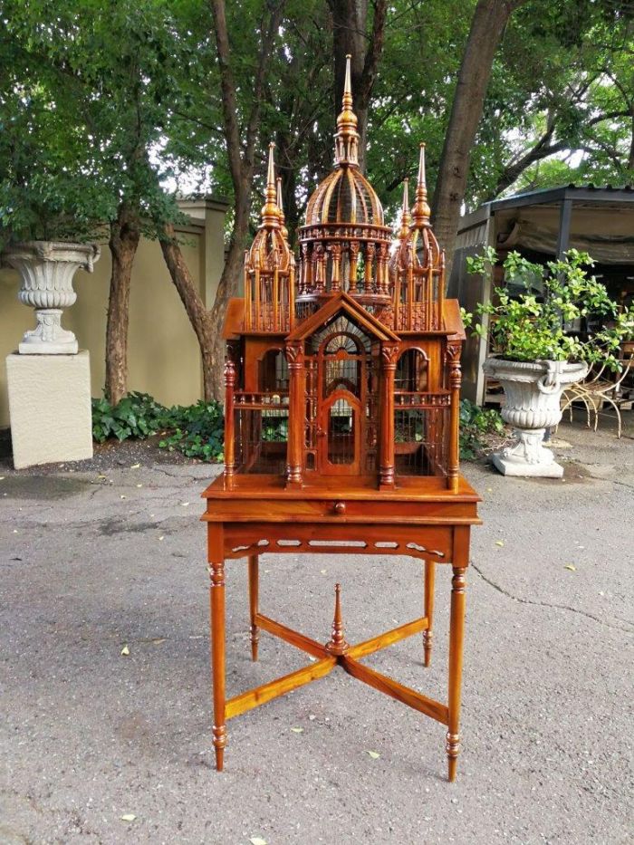 A Victorian Style Cathederal Walnut Bird Cage On Stand ND