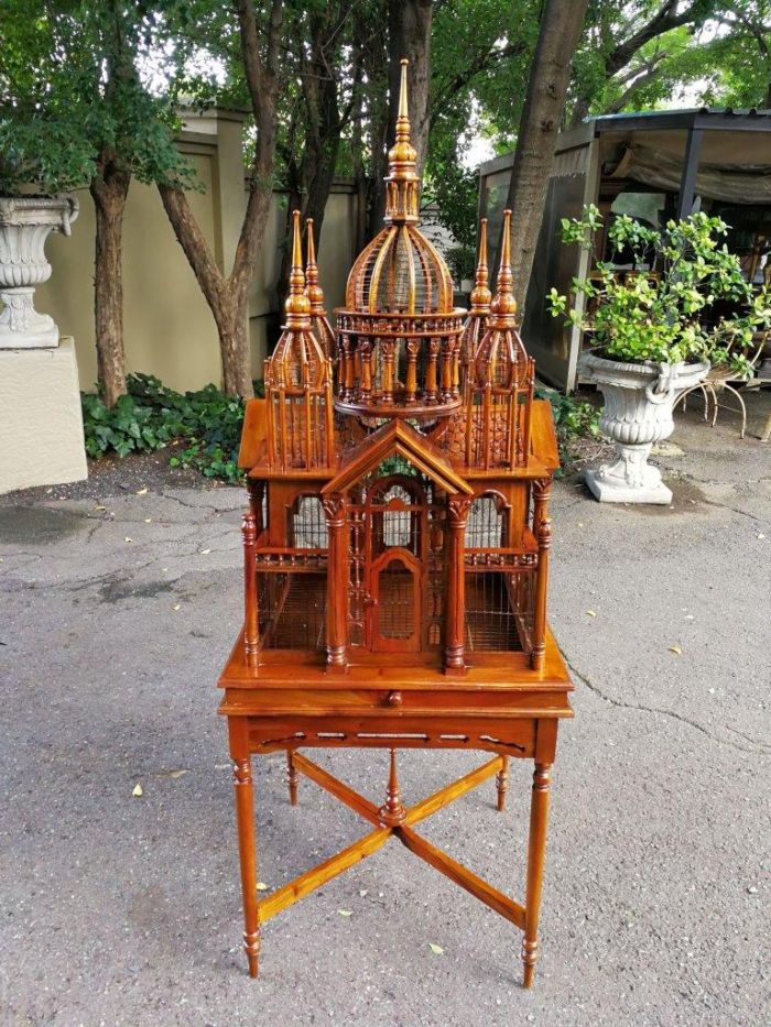 An Italian (Tuscany)  20th Century Carved Mahogany and Walnut Victorian Cathedral Style Birdcage on Stand Crafted ND - Image 2
