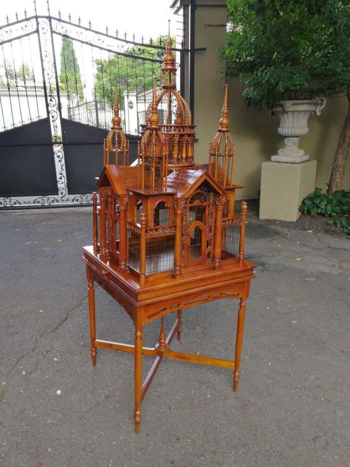 An Italian (Tuscany)  20th Century Carved Mahogany and Walnut Victorian Cathedral Style Birdcage on Stand Crafted ND - Image 3