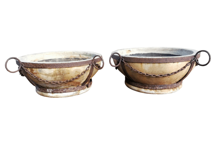 A Vintage Pair Of Terracotta And Wrought Iron Decorative Pots