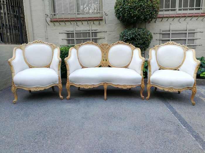 A French 20th Century Bleached / Stripped / Natural Walnut Bergére Settee and Pair of Armchairs - Image 2