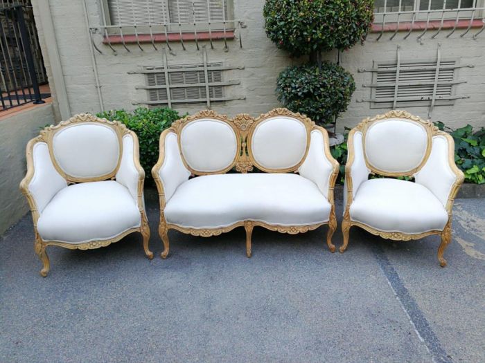 A French 20th Century Bleached / Stripped / Natural Walnut Bergére Settee and Pair of Armchairs - Image 3