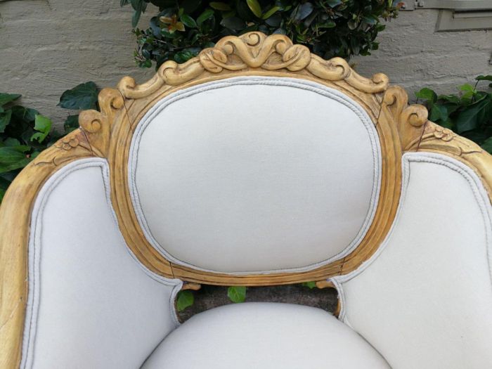 A French 20th Century Bleached / Stripped / Natural Walnut Bergére Settee and Pair of Armchairs - Image 9