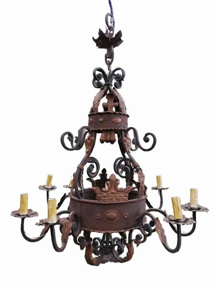 An Imported French Crown Design Wrought Iron Hand Painted Chandelier With 8 Arms