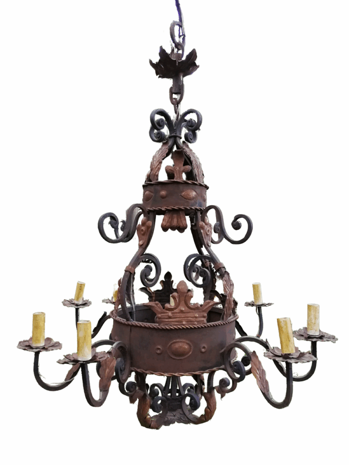An Imported French Crown Design Wrought Iron Hand Painted Chandelier With 8 Arms