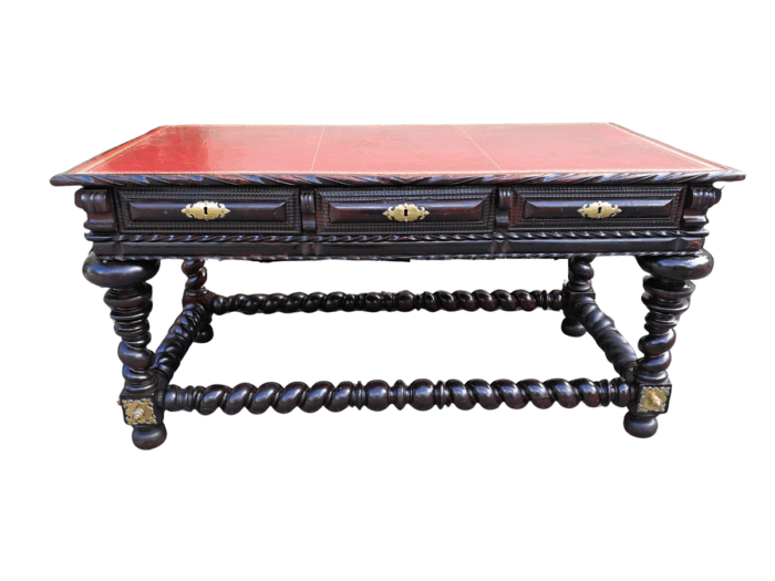 A 19th Century Portuguese Rosewood and Brass-mounted Writing Table With a Gilt-tooled Leather Writing Surface