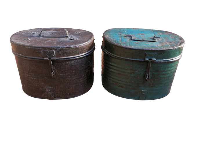 A Set of Two Antique/Vintage Decorative  Metal Hat Boxes