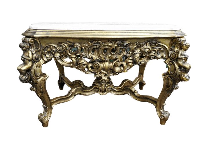 A 20TH Century French Style Ornately Carved and Gilded Walnut Console Drinks / Console With Marble Top Table