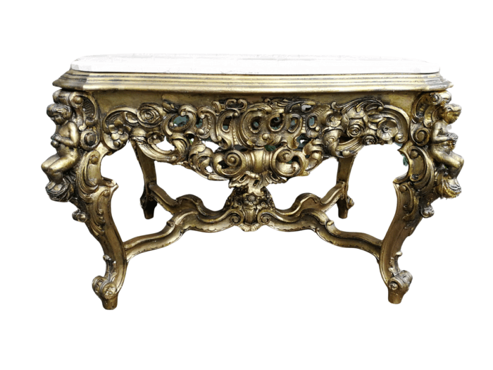 A 20TH Century French Style Ornately Carved and Gilded Walnut Console Drinks / Console With Marble Top Table