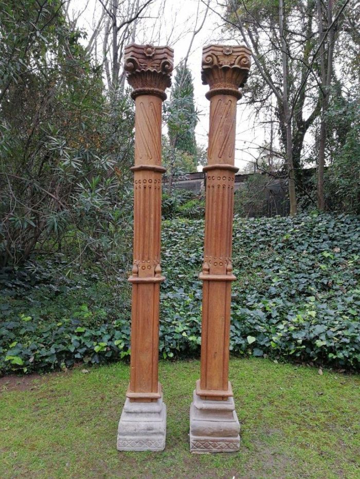 A 19th Century Pair of French Carved Teak Architectural Columns with Concrete Bases - Image 2