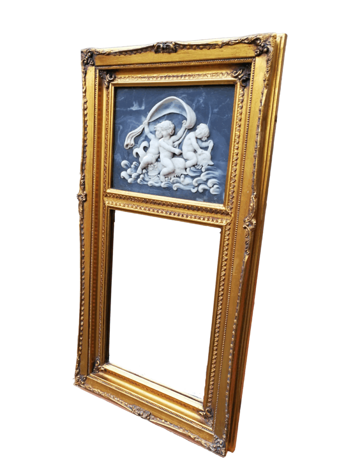 A Circa 1900 French Louis XVI Style Wooden Gilt-painted and Bevelled Mirror with a Carved Black and White Marble Scene