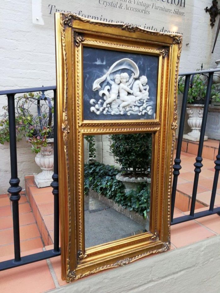 A Circa 1900 French Louis XVI Style Wooden Gilt-painted and Bevelled Mirror with a Carved Black and White Marble Scene - Image 2