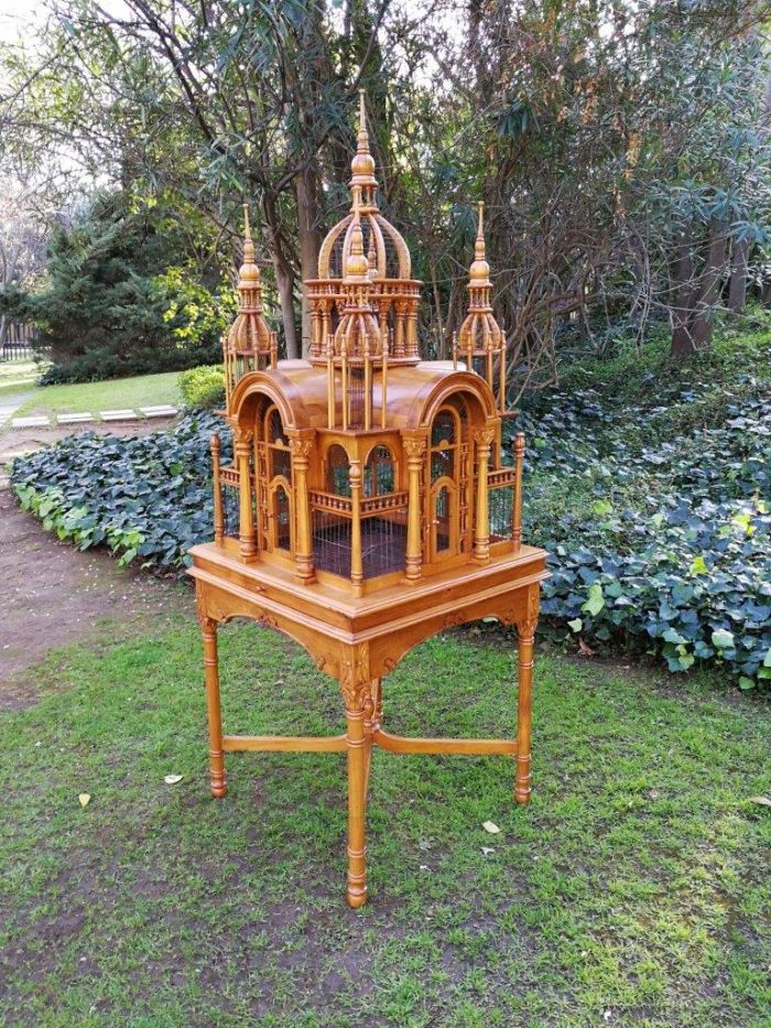 A 20th Century Carved Mahogany and Teak Wood Architectural Cathedral Style Birdcage on Stand - Image 4