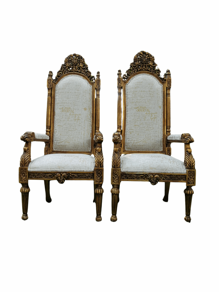 An Intricately Carved Pair of French Baroque/Rococo Style King/Throne Gold Painted Armchairs Upholstered in a Custom Handmade Imported Linen with Gold Design for The Crown Collection