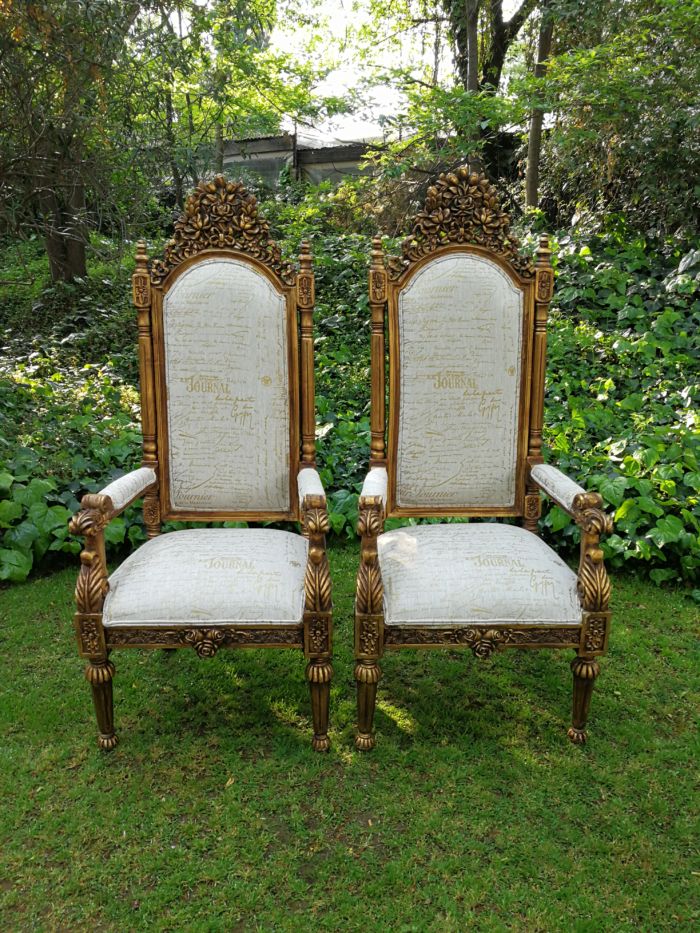 An Intricately Carved Pair of French Baroque/Rococo Style King/Throne Gold Painted Armchairs Upholstered in a Custom Handmade Imported Linen with Gold Design for The Crown Collection - Image 2