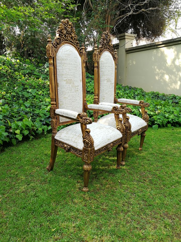 An Intricately Carved Pair of French Baroque/Rococo Style King/Throne Gold Painted Armchairs Upholstered in a Custom Handmade Imported Linen with Gold Design for The Crown Collection - Image 3