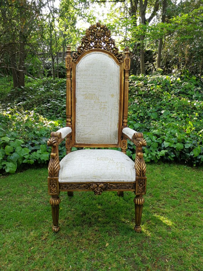 An Intricately Carved Pair of French Baroque/Rococo Style King/Throne Gold Painted Armchairs Upholstered in a Custom Handmade Imported Linen with Gold Design for The Crown Collection - Image 4