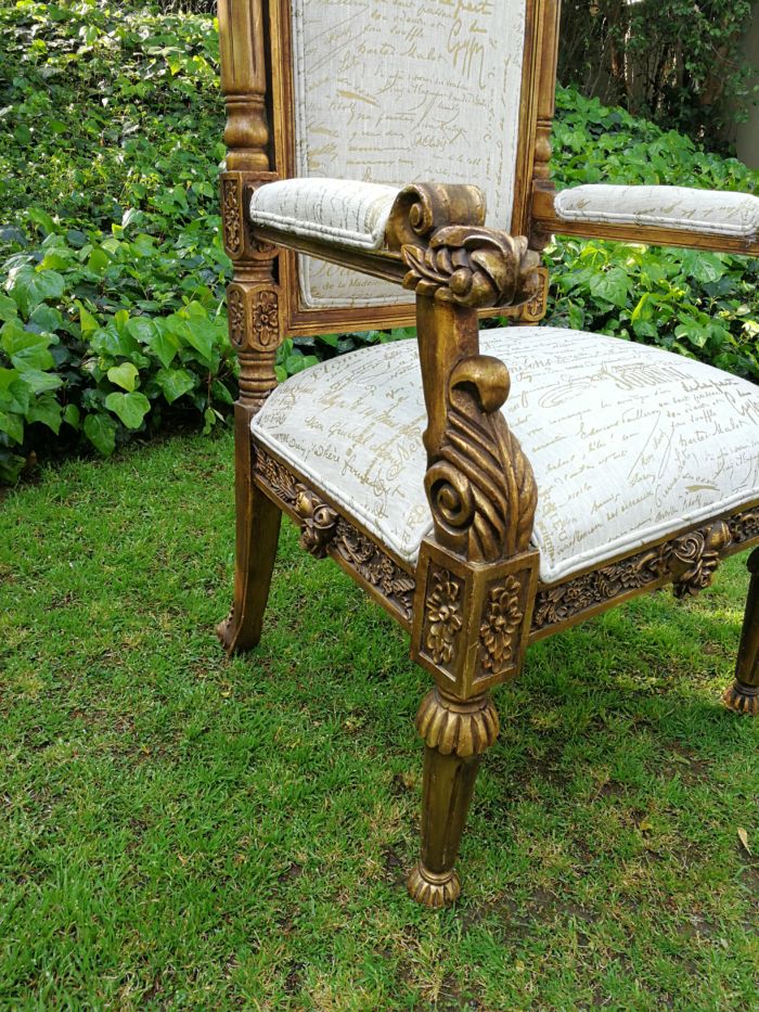 An Intricately Carved Pair of French Baroque/Rococo Style King/Throne Gold Painted Armchairs Upholstered in a Custom Handmade Imported Linen with Gold Design for The Crown Collection - Image 5