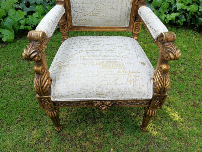 An Intricately Carved Pair of French Baroque/Rococo Style King/Throne Gold Painted Armchairs Upholstered in a Custom Handmade Imported Linen with Gold Design for The Crown Collection - Image 6