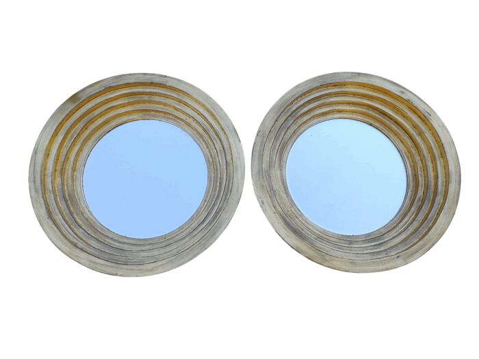 A Pair Of Circular Bevelled Wooden Mirrors with a Hand-gilded Gold Leaf Detail