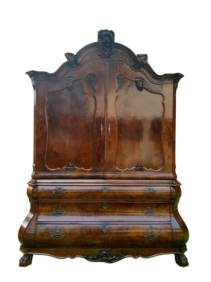 An 18th Century Dutch Ornately Carved Walnut Bombe Cabinet / Armoire With Original Handles and Locks