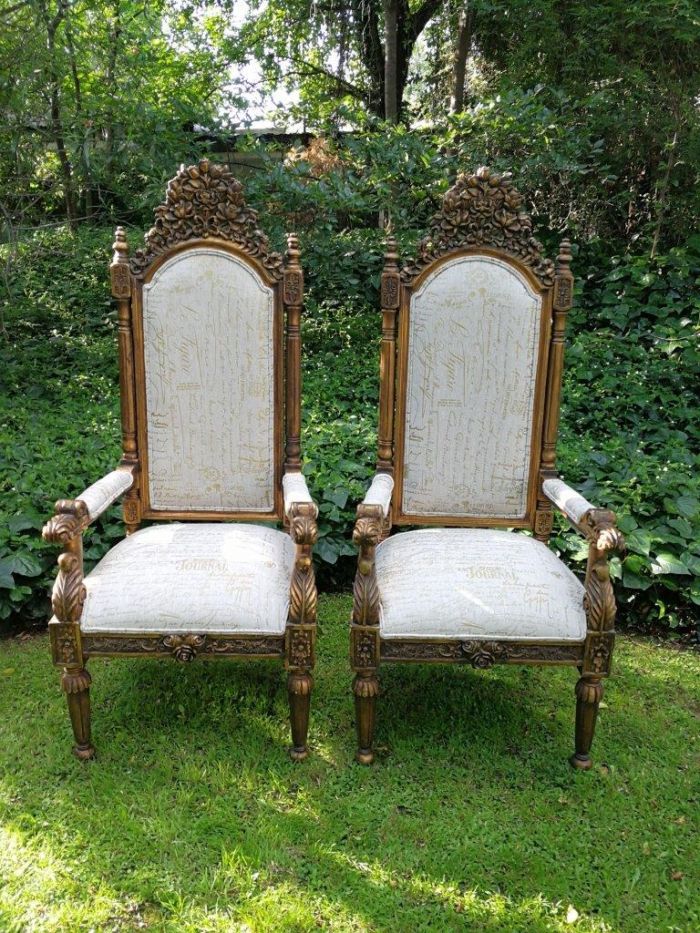 An Intricately Carved Pair of French Baroque/Rococo Style King/Throne Gold Painted Armchairs Upholstered in a Custom Handmade Imported Linen with Gold Design for The Crown Collection - Image 2
