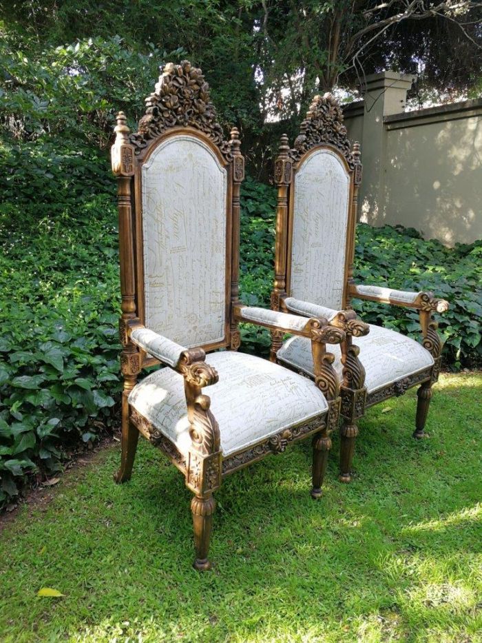 An Intricately Carved Pair of French Baroque/Rococo Style King/Throne Gold Painted Armchairs Upholstered in a Custom Handmade Imported Linen with Gold Design for The Crown Collection - Image 3