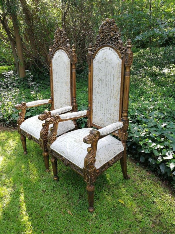 An Intricately Carved Pair of French Baroque/Rococo Style King/Throne Gold Painted Armchairs Upholstered in a Custom Handmade Imported Linen with Gold Design for The Crown Collection - Image 4