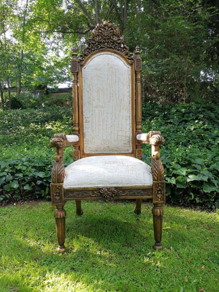An Intricately Carved Pair of French Baroque/Rococo Style King/Throne Gold Painted Armchairs Upholstered in a Custom Handmade Imported Linen with Gold Design for The Crown Collection - Image 5