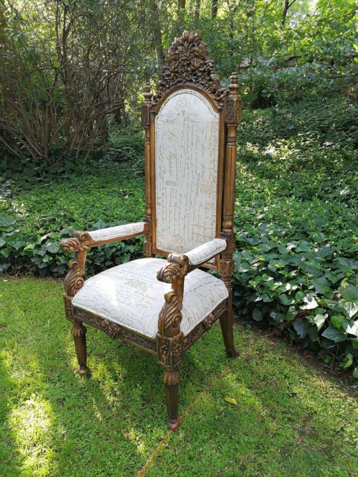 An Intricately Carved Pair of French Baroque/Rococo Style King/Throne Gold Painted Armchairs Upholstered in a Custom Handmade Imported Linen with Gold Design for The Crown Collection - Image 6