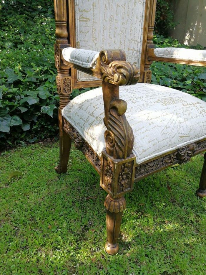 An Intricately Carved Pair of French Baroque/Rococo Style King/Throne Gold Painted Armchairs Upholstered in a Custom Handmade Imported Linen with Gold Design for The Crown Collection - Image 7
