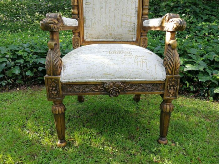 An Intricately Carved Pair of French Baroque/Rococo Style King/Throne Gold Painted Armchairs Upholstered in a Custom Handmade Imported Linen with Gold Design for The Crown Collection - Image 8