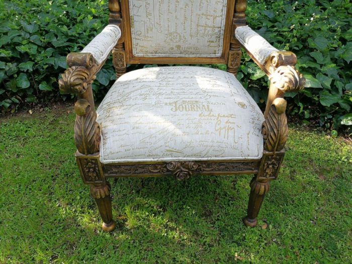 An Intricately Carved Pair of French Baroque/Rococo Style King/Throne Gold Painted Armchairs Upholstered in a Custom Handmade Imported Linen with Gold Design for The Crown Collection - Image 9
