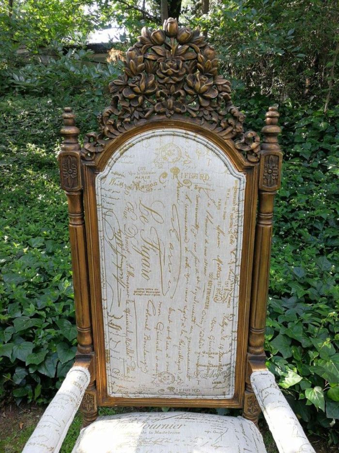 An Intricately Carved Pair of French Baroque/Rococo Style King/Throne Gold Painted Armchairs Upholstered in a Custom Handmade Imported Linen with Gold Design for The Crown Collection - Image 10